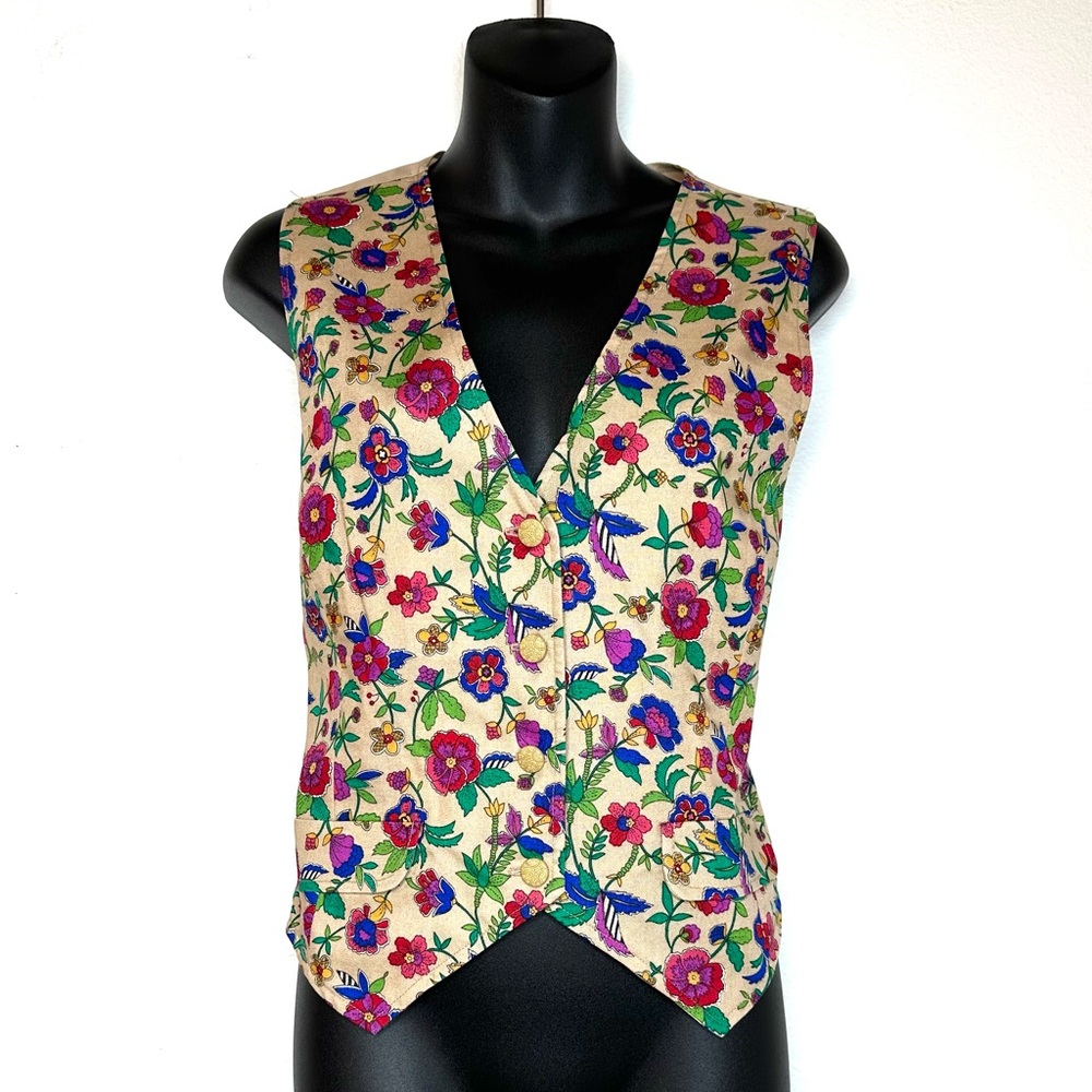 VTG Personal Women's Floral Vest 10 Tan Made in USA Boho Cottage Whimsical 90's